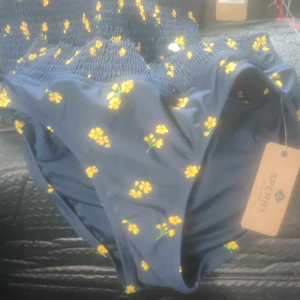 Sperry Navy Bikini Bottom with Yellow Floral Accents